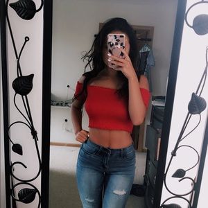 red smocked off the shoulder crop top